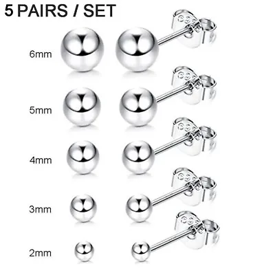 Pair Genuine 925 Sterling Silver Ball Bead Studs Earrings Round Stud Earrings UK • £11.99