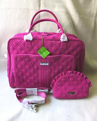 NWT Vera Bradley Fuscia Weekender Bag With Accessories H14  W19  D7.5  Drop6.5  • $82