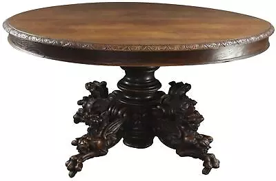 Antique Table French Hunting Carved Beasts Lions Dragons Pedestal Oak 1880 • $3549