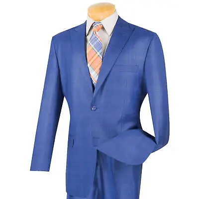 VINCI Men's Blue Glen Plaid 2-Button Classic-Fit Suit W/ Peak Lapel - NEW • $105