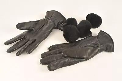 Very Nice UGG Genuine Leather Black Lined Gloves With Pompoms Size Small Women's • $25