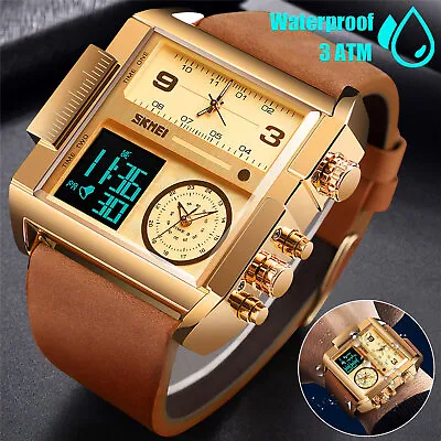 Men Large Dial Digital LED Quartz Sport Watch Male Waterproof Leather Wristwatch • $20.48