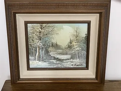 Vintage Signed Painting Winter Mountain Ski Snow Scene 14.75  X 17  Cabin Decor • $95