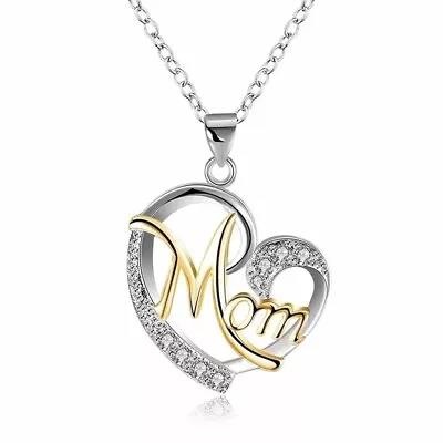 USA Mom Women Heart Crystal Rhinestone 925 Silver Chain Pendant Necklace Charm • $7.99