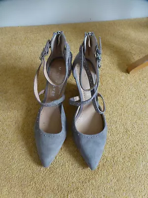 Mint Velvet Shoes Size 7 Grey Leather Lined Suede Cross Strap Wedge EU 40 • £39.50