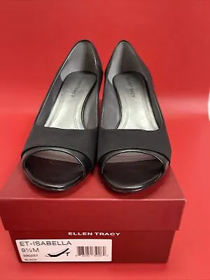 Ellen Tracy Shoes Womens 9.5 M Vanna Pump Heels Slip On Black Leather Open Toe • $35