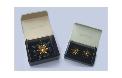 Vintage Sarah Coventry Jewelry Set Black Enamel Flower Brooch Pin & Earrings NIB • $69.99