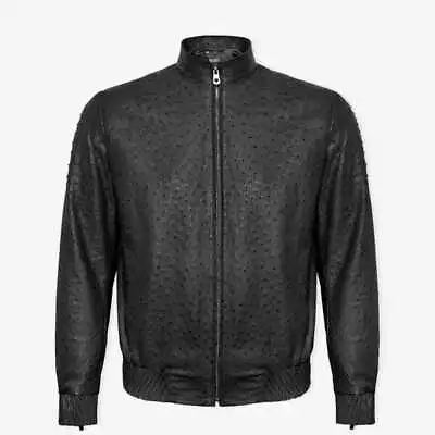 Men's Real Ostrich Embossed Leather Black Handmade Motorcycle Biker Jacket • $109.69