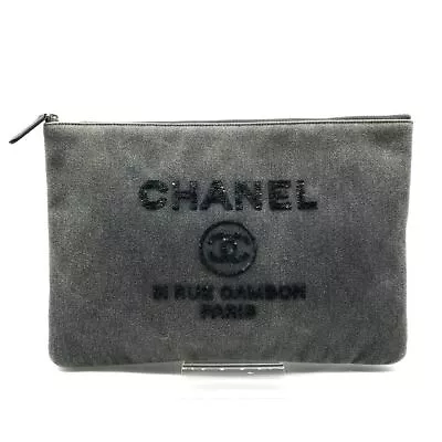 CHANEL Deauville Line Clutch Back Pouch Denim Sequins Gray 240401T • $1214.02