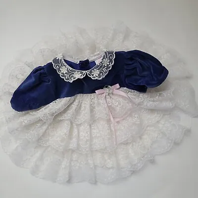 Martha’s Miniatures Dress Blue Velvet Full Circle Dress 0-3 Months Vintage Lace • $44