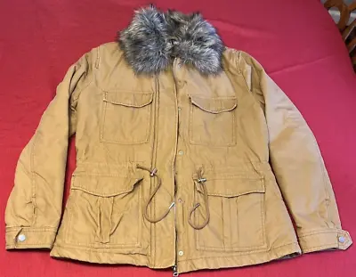 H&M Divided Women’s Winter Faux Fur Parka Jacket Light Brown Size 12 Quilted • $44.95