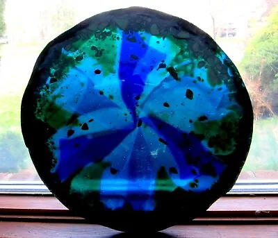 VINTAGE HEAVY  BLUE GREEN ART  GLASS LARGE PLATE Or SHALLOW BOWL • $24.87
