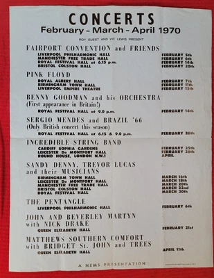 $600 • Buy PINK FLOYD Sandy Denny  NICK DRAKE Fairport Convention NEMS 1970 Concert Poster