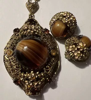 Western Germany Vintage Filigree Slag Glass Rhinestone Necklace Earring Set😊 • $45