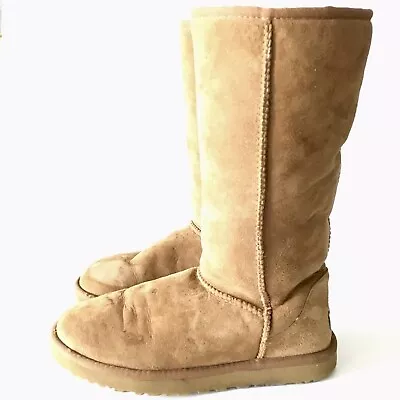 UGG Classic Tall Boots Women's Brown Leather 12  Sherpa Lined F100131 Size 8 • $26.99