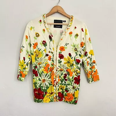 Michael Simon Floral Beaded Cardigan Sweater Women Size Small White 3/4 Sleeves • $29.96