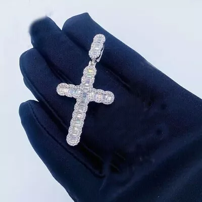 3.50 Ct Baguette & Round Cut Moissanite Men's Cross Pendant 925 Sterling Silver • $271.99