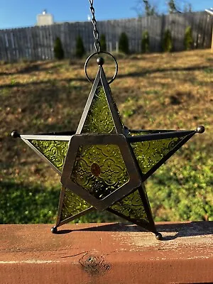 Green Hanging Star Candle Tea Light Lantern Outdoor Patio Decor Glass & Metal • $25