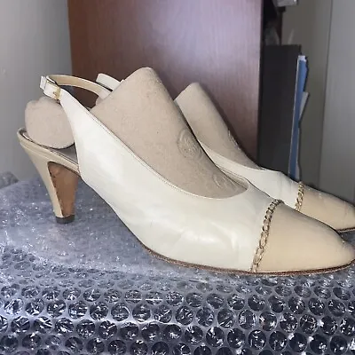 Vintage Chanel Cream And Tan Leather Slingback Heels 9.5 • $88