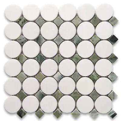 T93B2XP Thassos White Marble Round Mosaic Tile Sagano Vibrant Green Dots • $43.99