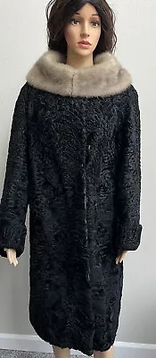 Vintage French Astrakin Curly Persian Lamb Coat Black Fur Collar 50s 60s • $89.99