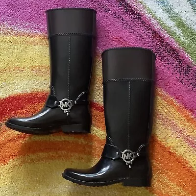 Michael Kors Womens Fulton Harness Rubber Rain Boots Black/Brown 15” Calf Size 7 • $29.99