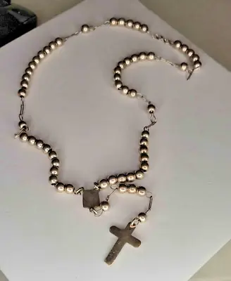 Vintage Taxco Sterling Silver Beaded 20  Rosary Necklace + 4.5  Drop With Cross • $185