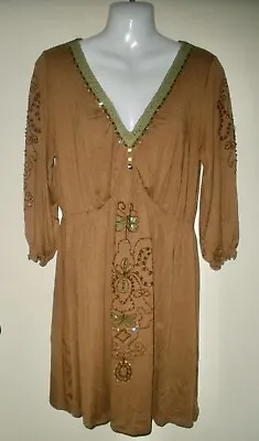 #C Urban Mango Tobacco Brown Chocolate Beads Boho Peasant Blouse Dress M • $5.99