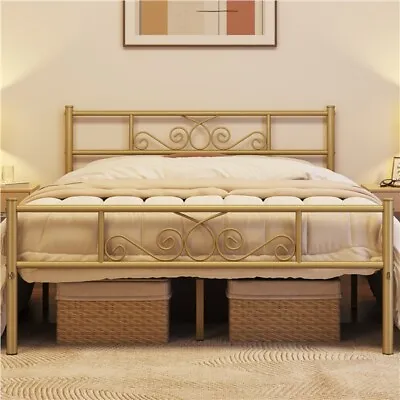 Queen Metal Bed Frame Platform Bed With Headboard And Footboard Antique Gold • $86.99
