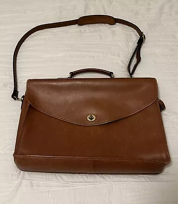 Vintage British Tan Leather Briefcase Messenger Bag Removable Strap Brass HW • $60