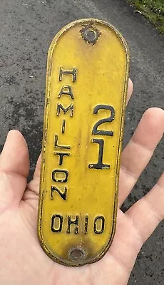 Vintage Hamilton Ohio License Plate Low Digit 21 Motorcyle Bicycle Town Plate • $28