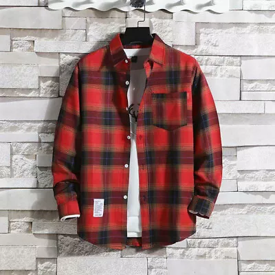 Men Retro Check Plaid Shirt Long Sleeve With Button Down Collar Mod Tartan Tops • £10.75