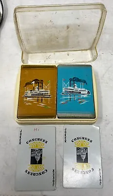 Vintage Steamboat Playing Cards: X2 Decks: Plastic Holder Turquoise Brown • $14.99