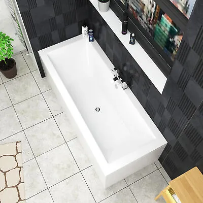 Bathroom Double Ended Bath Tub Straight Acrylic Gloss White Square Screen Modern • £232.99