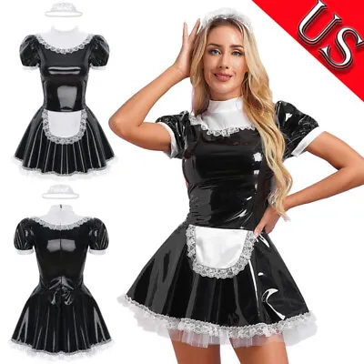 US Women's Leather Dress French Maid Costume Cosplay Lingerie Maid Apron Outfit • $17.66