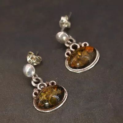 VTG Sterling Silver - POLAND Baltic Amber Cabochon Dangle Post Earrings - 3g • $3.25