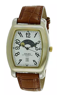 Vintage Gruen Moon-phase Calendar Two Tone Watch White Dial Water Resistant • $99