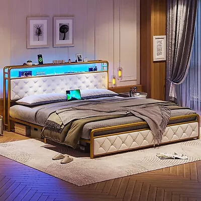 King Size Bed Frame Metal Platform Bed Frame With LED Light Creamy White & Gold • $179.89