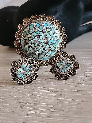 Vintage Turquoise Inlay Mosaic Brooch Pin Earrings Lot • $15