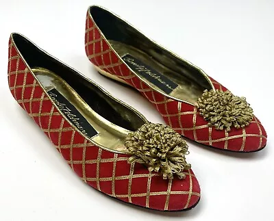 VTG BEVERLY FELDMAN Womens US 6M Red/Gold Embellished SUEDE Ballet FLATS EUC • $25.49