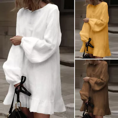 ZANZEA Womens Lantern Long Sleeve O Neck Ruffles Party Casual Loose Mini Dress • $31.34