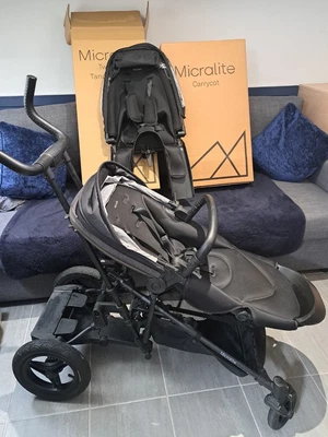 £150 • Buy Micralite Two Fold Pushchair With Second Seat, Cot And Accessories