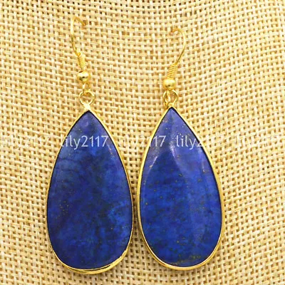 Beautiful Natural Blue Lapis Lazuli Gemstone 18K Gold Plated Hook Dangle Earring • $6.99