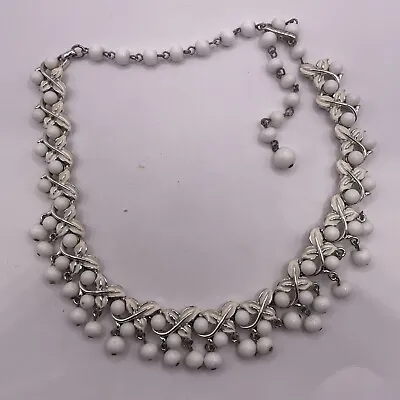 Vintage CORO - Milk Glass Beads / Enamel Silver Tone Choker Collar Necklace • $25