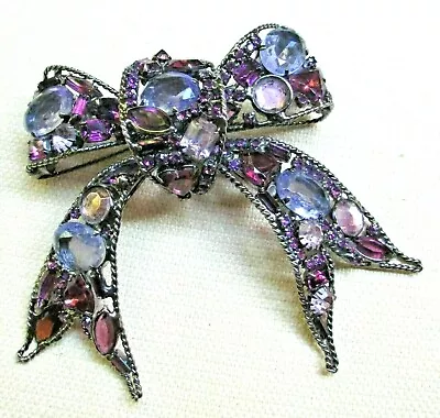 Vintage Huge Multi Faceted Lavender Crystal Bow Brooch LAWRENCE VRBA Signed 75yy • $625.95