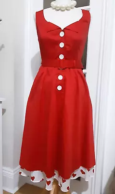 JASMINE GUINNESS Red Fit & Flare Belted Dress SIZE 12 Rockabilly 50's Swing • £18