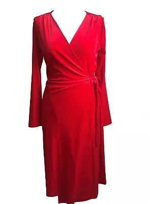 NEW Red Velour Flattering Wrap Dress Long Sleeves Party Cruise Evening TU • £9