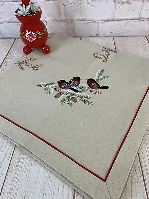 Vintage Swedish Embroidered Christmas Tablecloth GOD JUL Bullfinch Bird 33.5x33 • $24.49