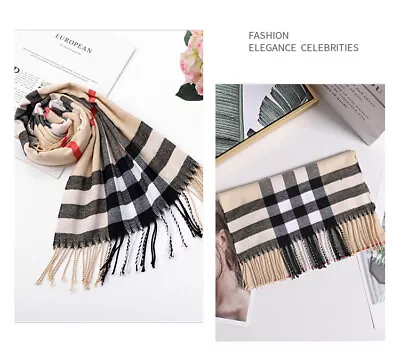 Men Ladies Women Unisex Classic Checked Tartan Print Plain Beige Tassel Scarf UK • £6.79