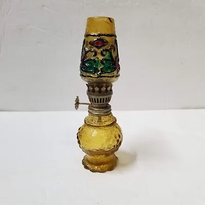 Oil Lamp Miniature Amber Glass Red And Green Shade Vintage 5 1/2  • $13